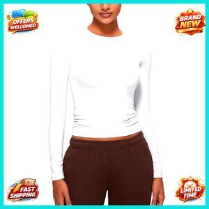 Soft Fitted Long Sleeve Crewneck Top, Stretchy Casual Basic Shirt